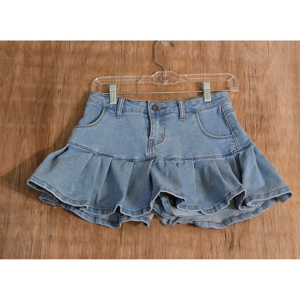 Y2K Pleated Denim Skort Ruffle Mini Skirt Light Wash Built In Shorts XS